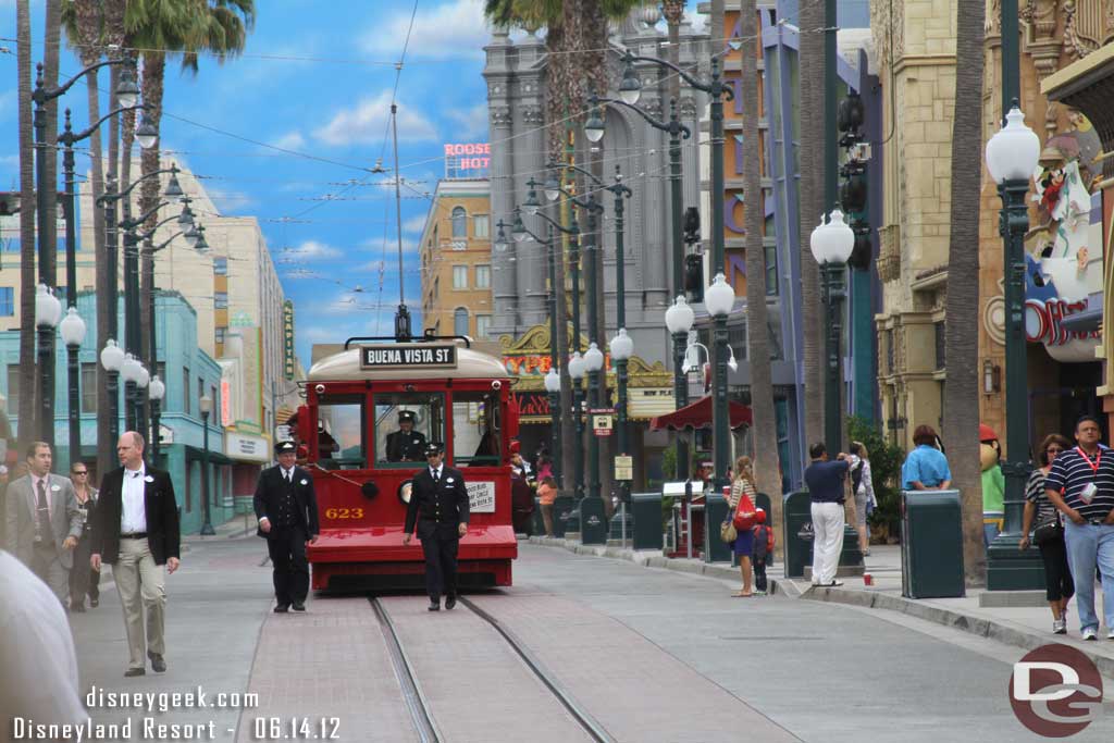 Next up is the premiere of the Red Car News Boys.  Here they come up Hollywood Blvd on a Red Car Trolley.