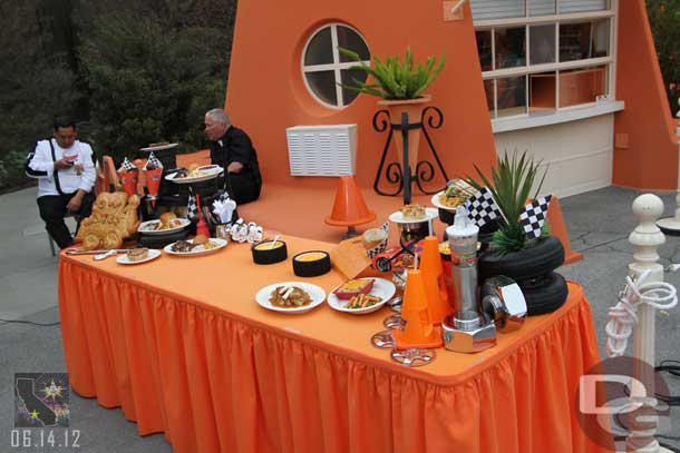 A table set up for interviews about the Cars Land food offerings.