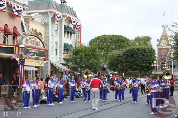 The All American College Band at its first pre-parade stop.