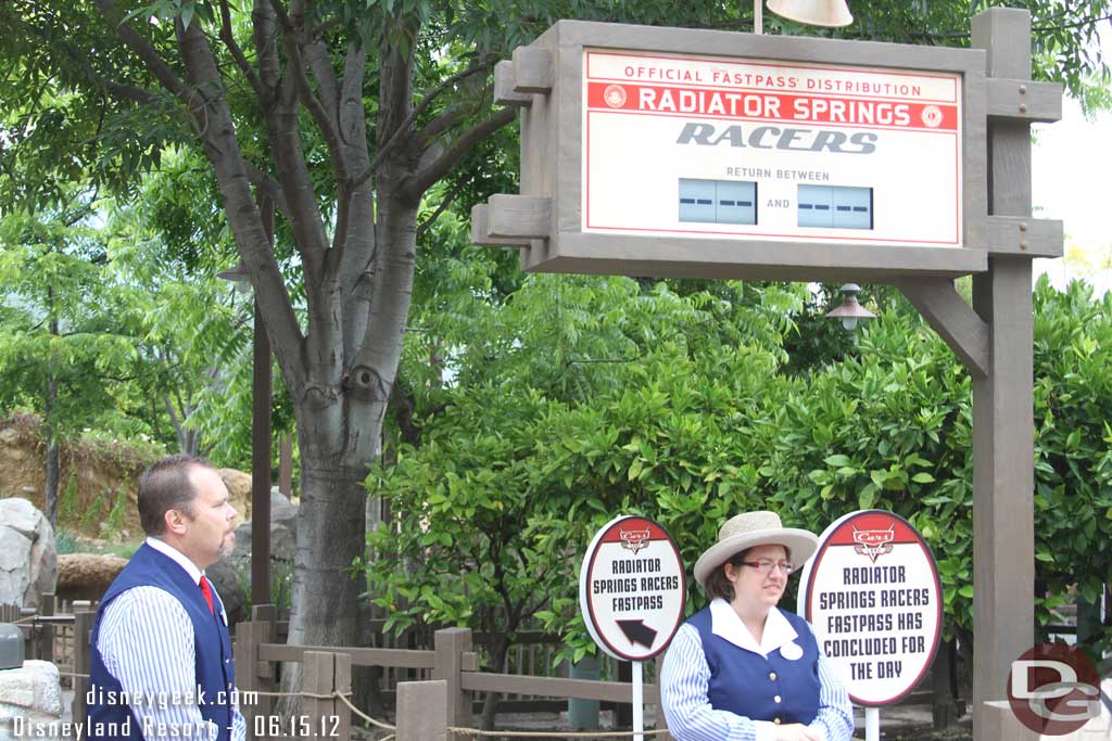 The Racers temporary Fastpass Distribution location.  The FastPasses were gone hours ago for today.