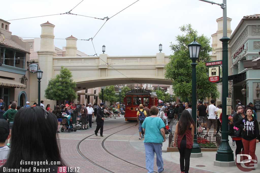 The Red Car Trolley making its way to the stop.