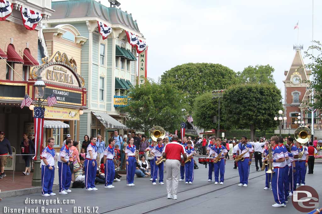 The All American College Band at its first pre-parade stop.