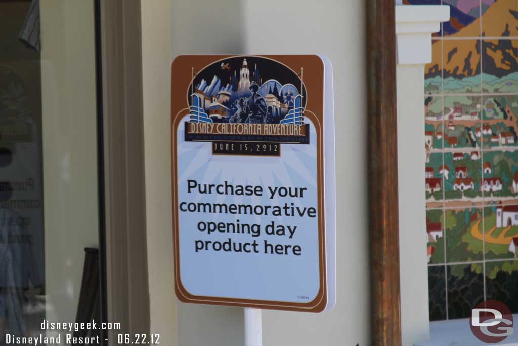 Signs along Buena Vista Street alerting you to commemorative merchandise... no more Cars Land CDs though which is something I wanted to buy.