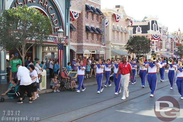 The All American College Band making its way to Town Square for the Flag Retreat.