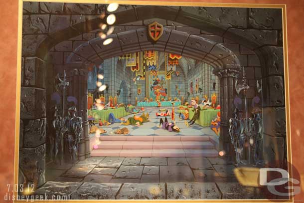 The first wall on the left features What is inside the castles.   First up a look at Sleeping Beauty Castle Walk-Through at Disneyland.  This piece was done by Eyvind Earle.