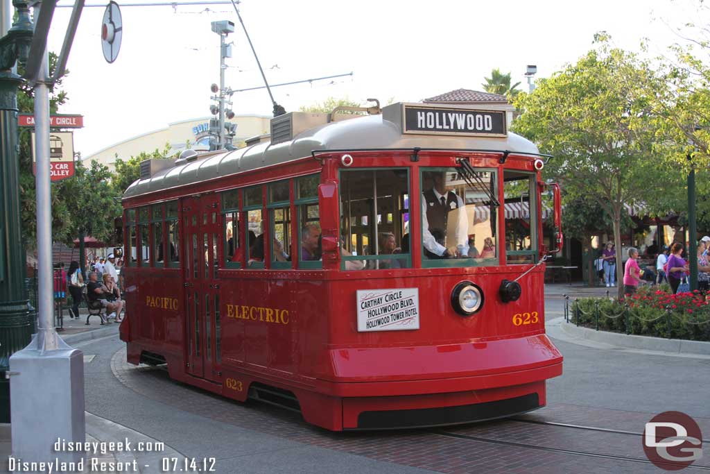 A Red Car Trolley passing by in Carthay Circle.