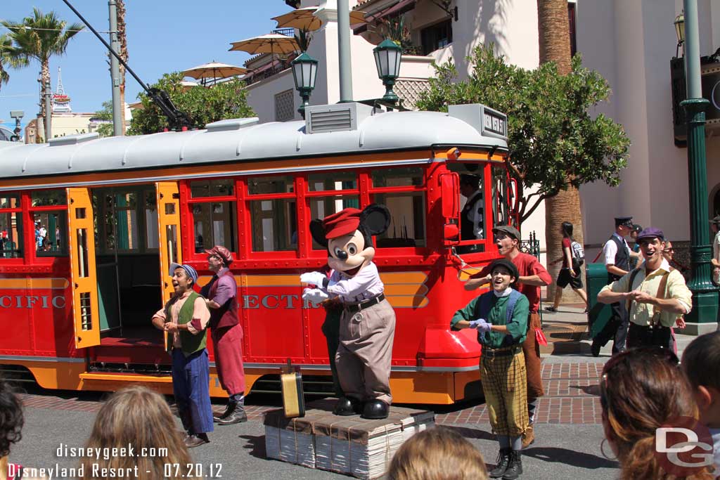 The Red Car News Boys performing.