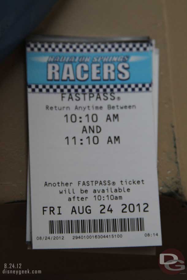 My first Radiator Springs Racers Fastpass... since they are usually gone right after the park opens I have never had one before...