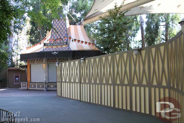 Walls up around the Fanyasyland Theater as it is transformed back to a theater from the Princess meet and greet.