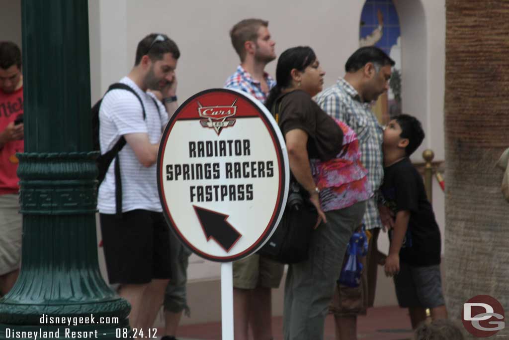 Plenty of signage to direct you to the Racers queue.  It stretched to the Disney Jr. Theater when we arrived.