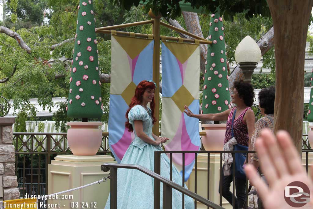 I was lining up to take a couple pictures of the backdrops in between guests and here you can see a hand of a castmember who came over to me and said I would have to get in line to take pictures or leave.  And since I was not going to wait 75 minutes to get pictures of those backdrops I moved on...