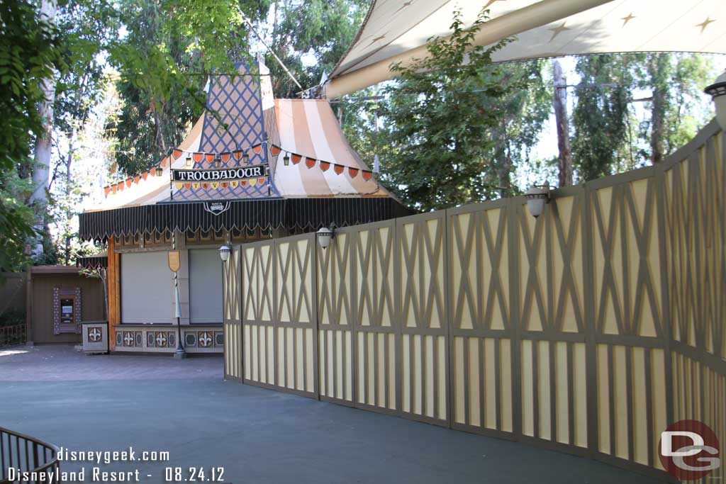 Walls up around the Fanyasyland Theater as it is transformed back to a theater from the Princess meet and greet.