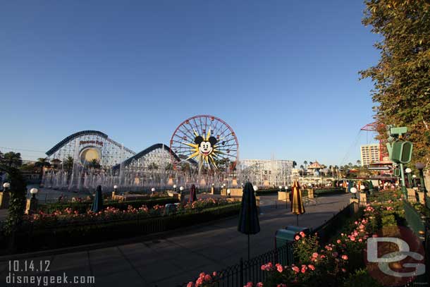 The World of Color Fountains were on, and the Fun Wheel, Swings, and Zephyr were all cycling too.