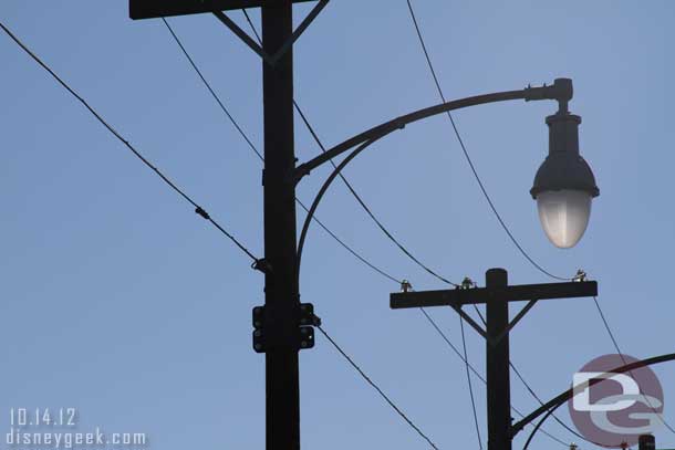 The lighting was not right, but here you can barely make out some new brackets on the light poles.  These will be used for the Christmas decorations