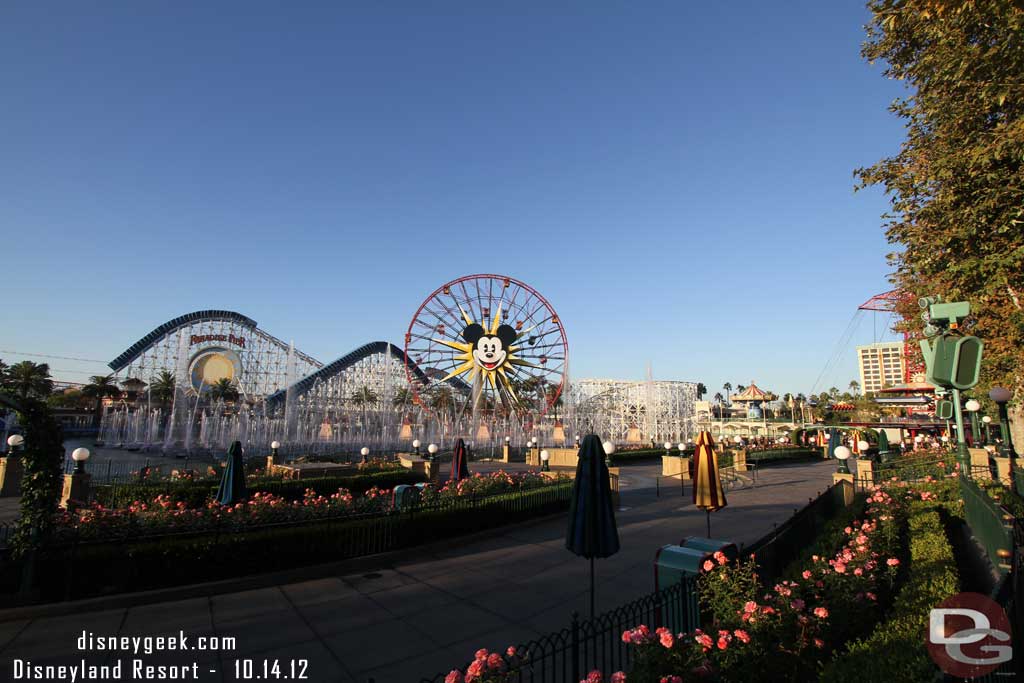 The World of Color Fountains were on, and the Fun Wheel, Swings, and Zephyr were all cycling too.