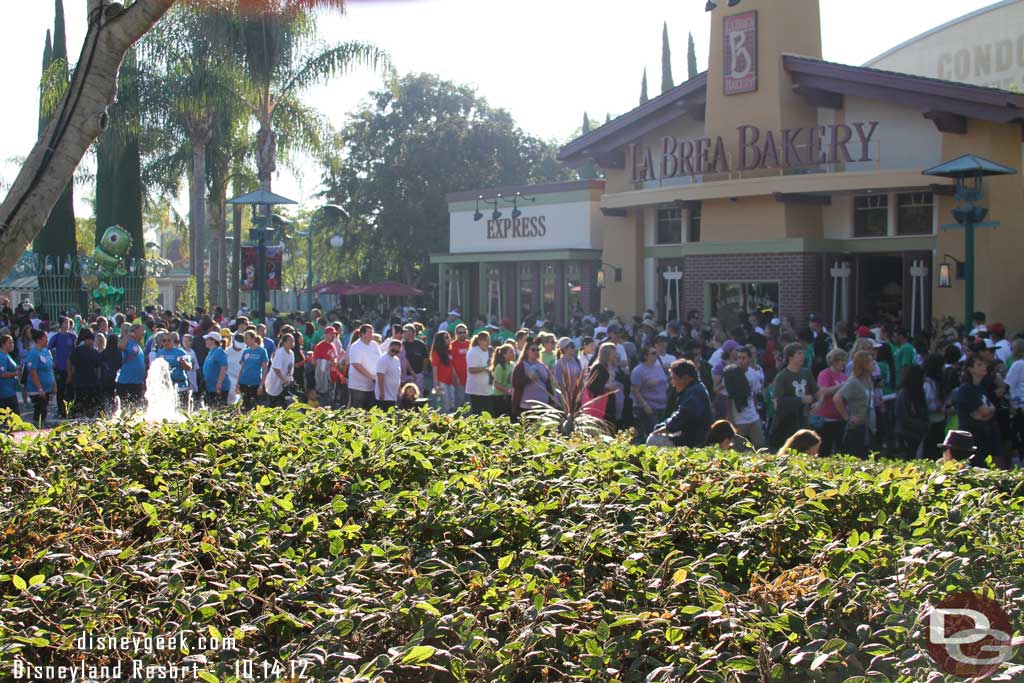 The walkers nearest are heading toward the finish, in the background you can still see walkers exiting DCA and heading to Disneyland.