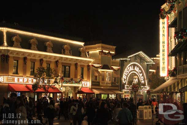 Main Street is only partially decorated, they still have some garland to go and some was not lit yet.