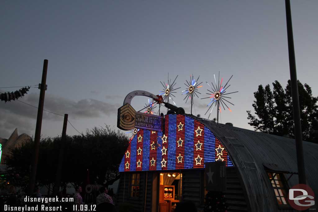 Next up walked through Cars Land.  They are playing Winter Wonderland as the lights come on.