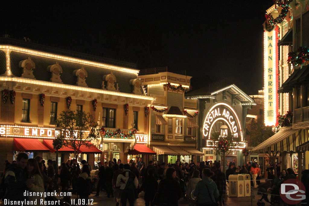 Main Street is only partially decorated, they still have some garland to go and some was not lit yet.