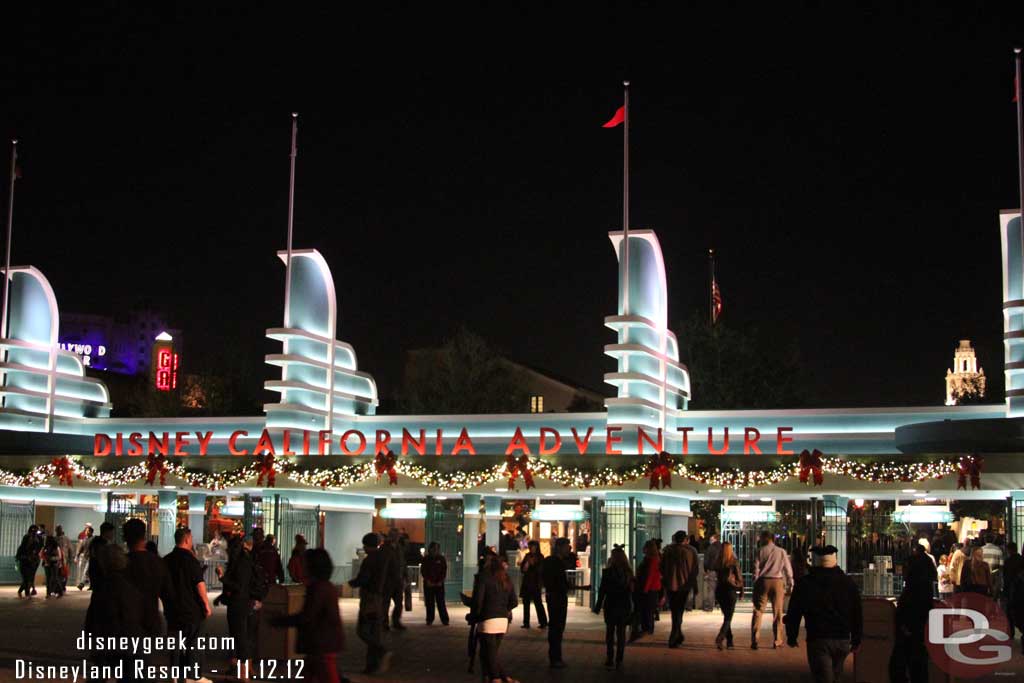 The garland was lit this evening at DCA (also noticed the flag was still up).