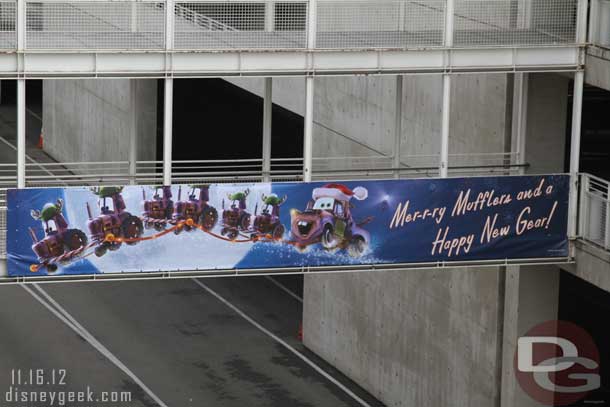 A Santa Mater banner up on the Mickey and Friends exit ramp.