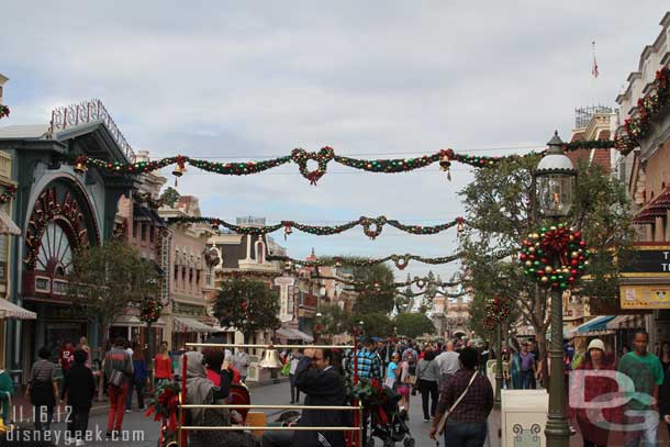 Main Street is all decorated now, the overhead garland is in place.