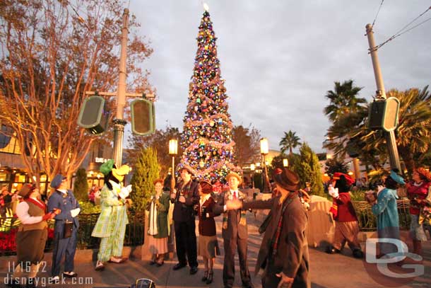 The tree lights are turned on.