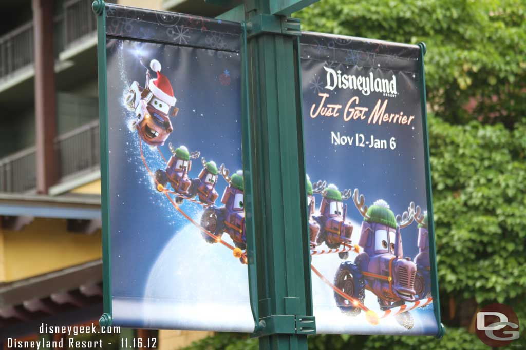 Downtown Disney also features holiday banners.