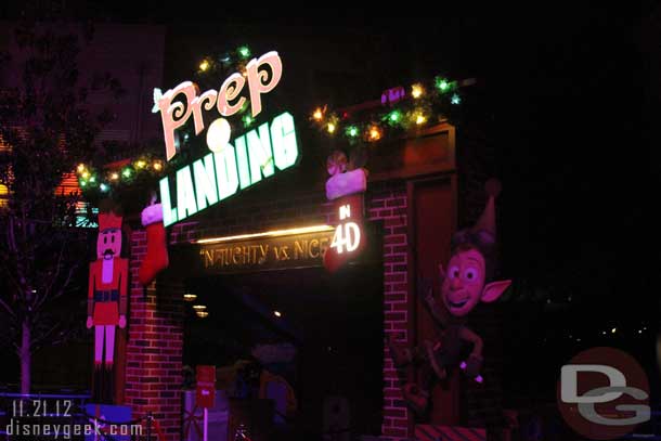 The Prep and Landing sign at night.