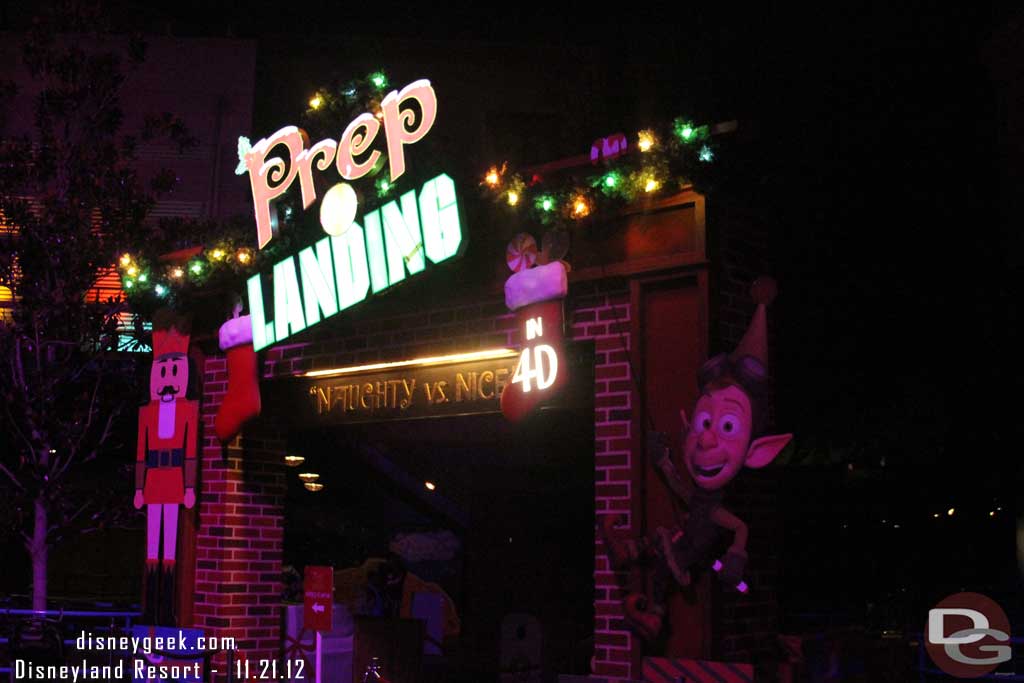 The Prep and Landing sign at night.