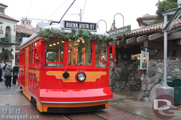 A Red Car ready to start the day on Buena Vista Street.