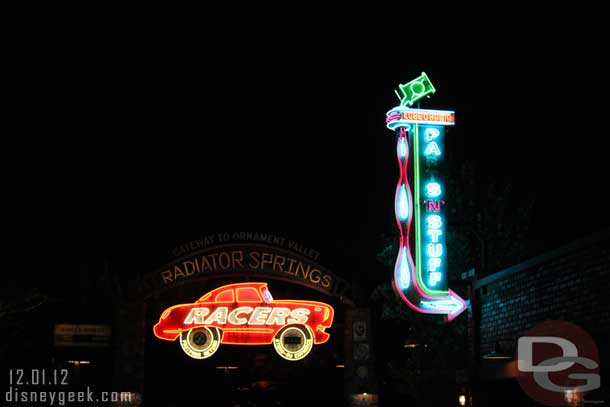 The updated neon sign at night.