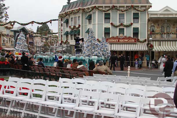 Several rows were turned backwards for parade viewing, looked to be reserved but empty.