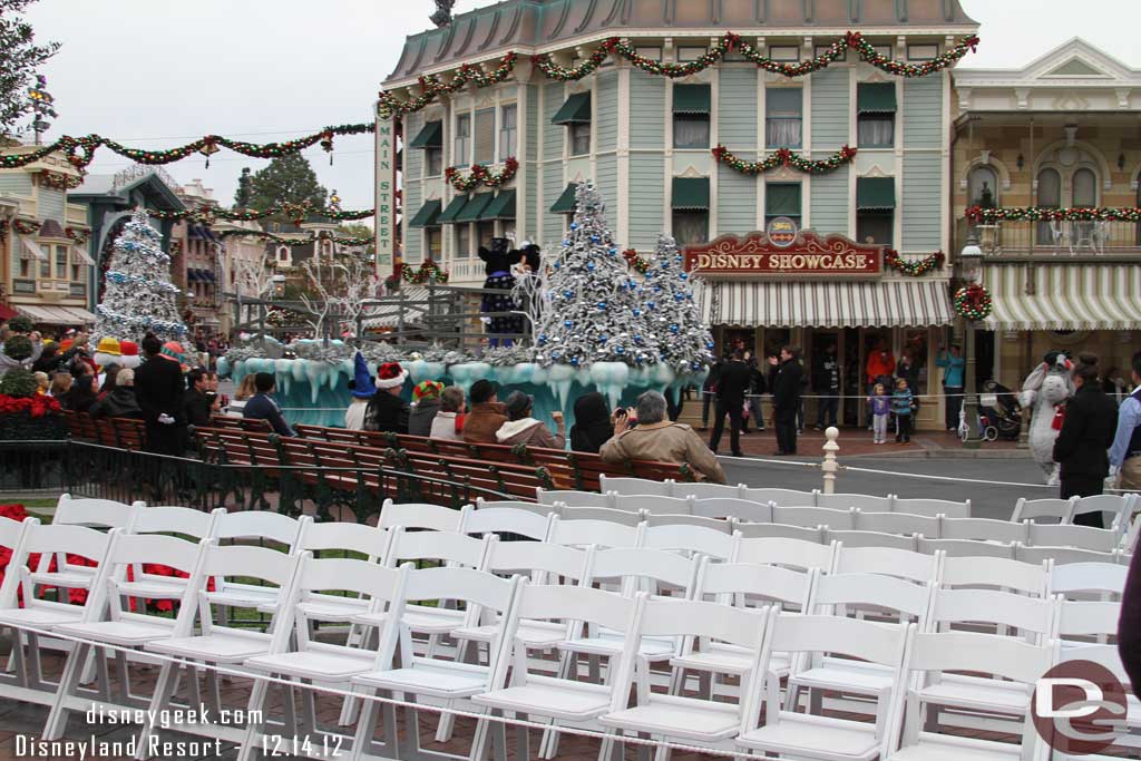 Several rows were turned backwards for parade viewing, looked to be reserved but empty.