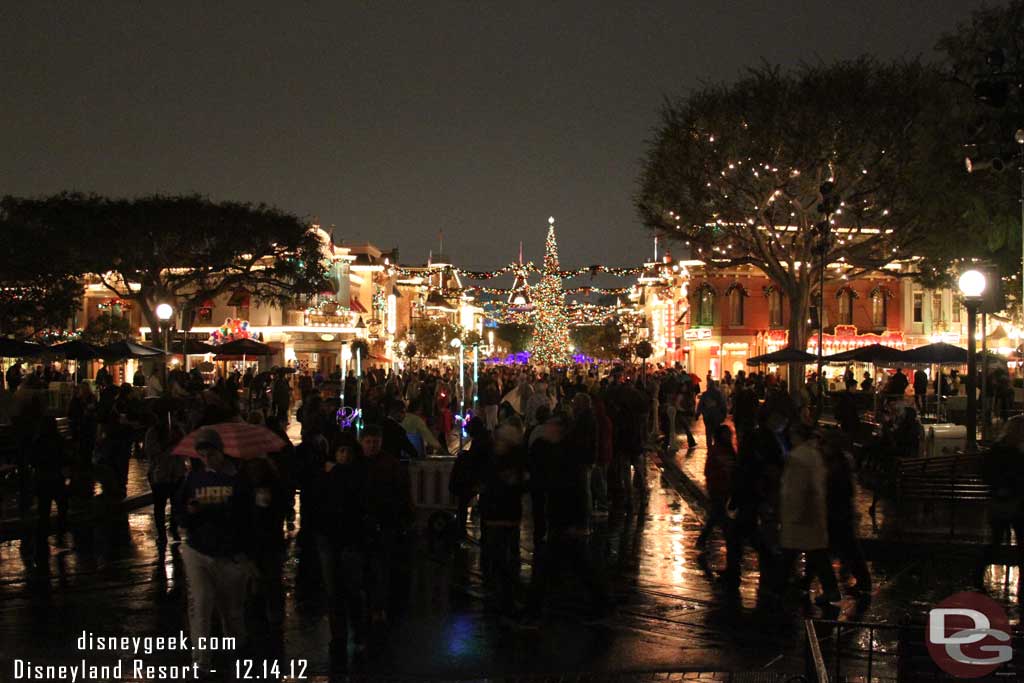 A look down Main Street.  The 5:30 Candlelight was cancelled this evening due to the rain.