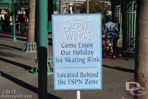 Arriving at the Disneyland Resort for the afternoon.  Signs for the Ice Rink are front and center as you head for the bag check tents.