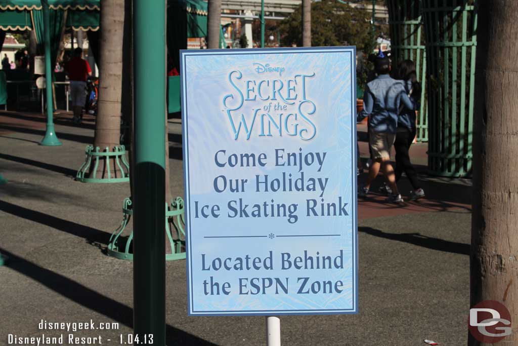 Arriving at the Disneyland Resort for the afternoon.  Signs for the Ice Rink are front and center as you head for the bag check tents.