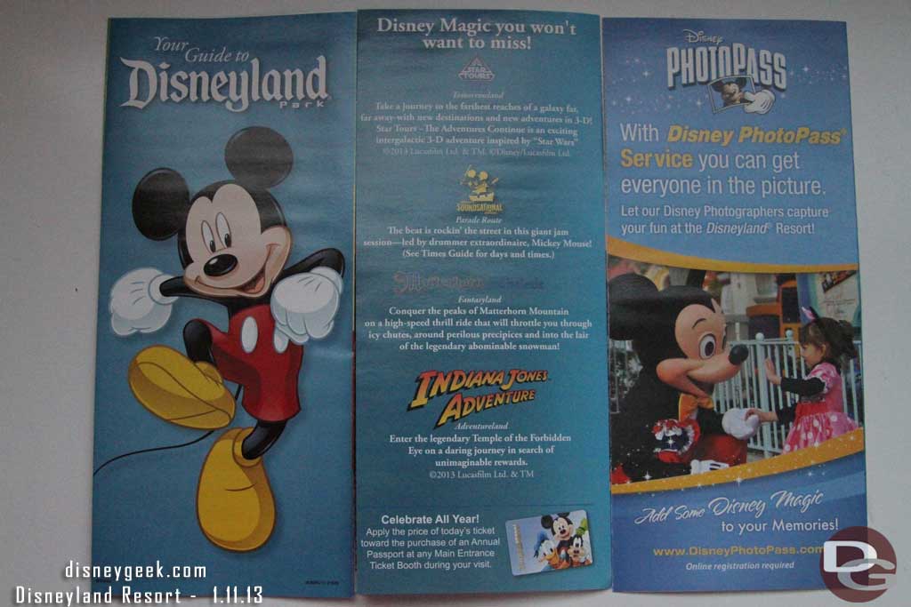 The current Disneyland map, notice the back cover now features PhotoPass, Kodak is gone.