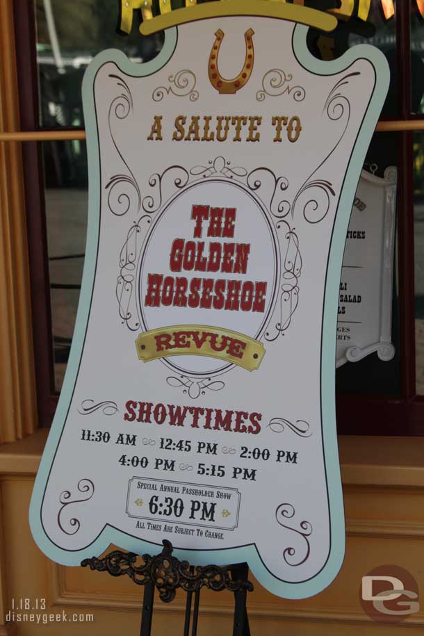 Stopped by the Golden Horseshoe and found out all the tickets for the shows today were long gone.  The cast member said they ran out a couple of hours ago, a big difference from last week.