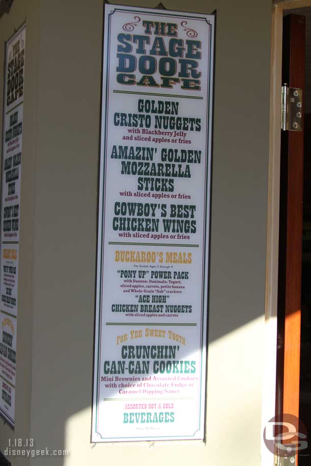 I missed it last week, the menu at the Stage Door Cafe has changed. The chicken nuggets and corn dogs are gone (the two things I liked!).