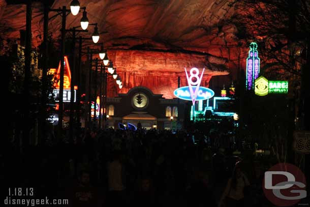 A look down Route 66 this evening into Cars Land from the Blue Sky Cellar Patio.