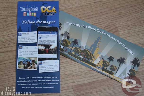 To end with what I received when I first started... at the Mickey and Friends garage there were two handouts today.  One with the Honda contest and one for the DCA and Disneyland Today twitter accounts.