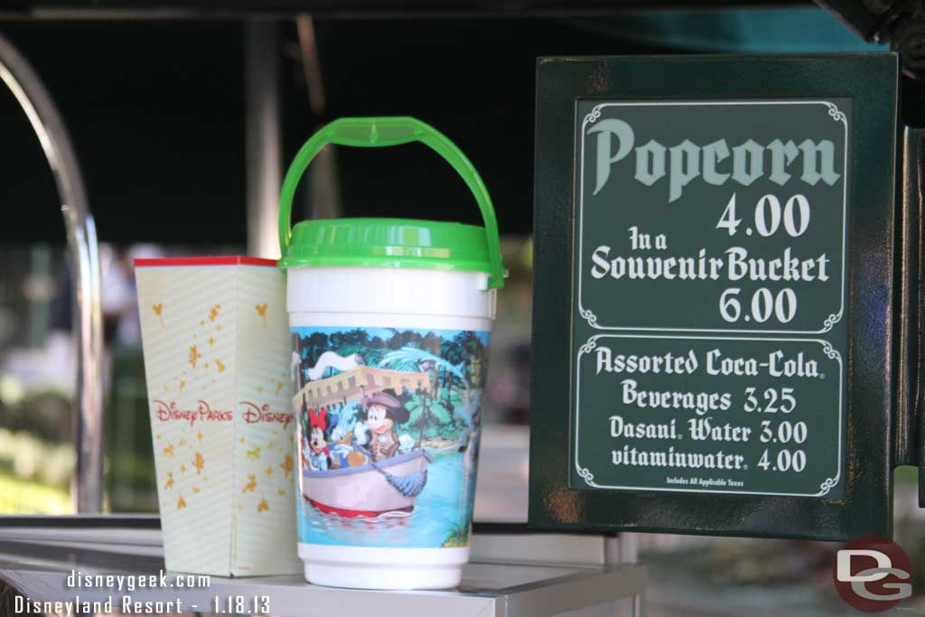 The current popcorn container choices and pricing.