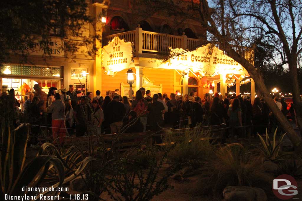 A good size crowd waiting for the 6:30 annual passholder showing of the Golden Horseshoe Revue tonight (note the 5:15pm show was cancelled today).