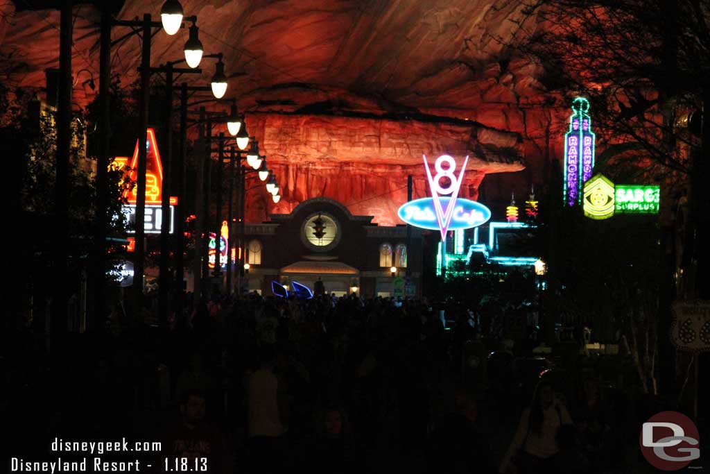 A look down Route 66 this evening into Cars Land from the Blue Sky Cellar Patio.