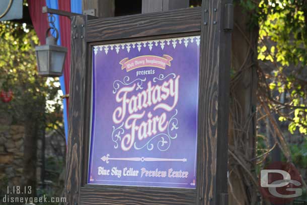 On January 19th the Blue Sky Cellar exhibit entitled Walt Disney Imagineering presents Fantasy Faire opened.  There was a soft opening on the 18th and this update contains pictures from that. 