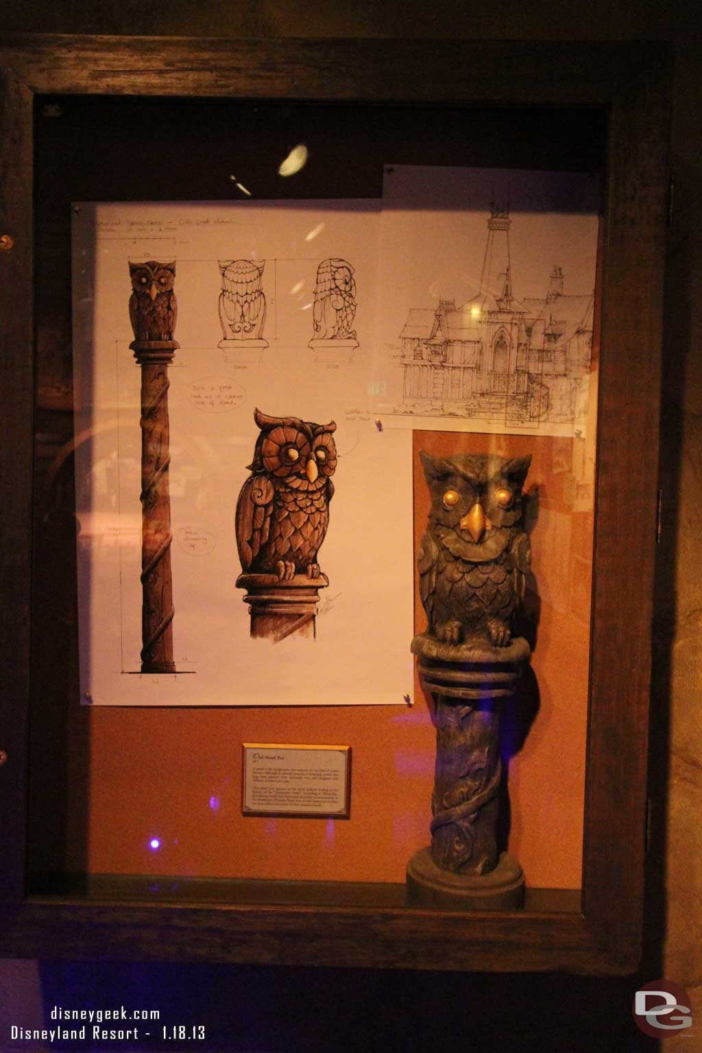 At the end of the hall in the display case is this Owl Newel Post