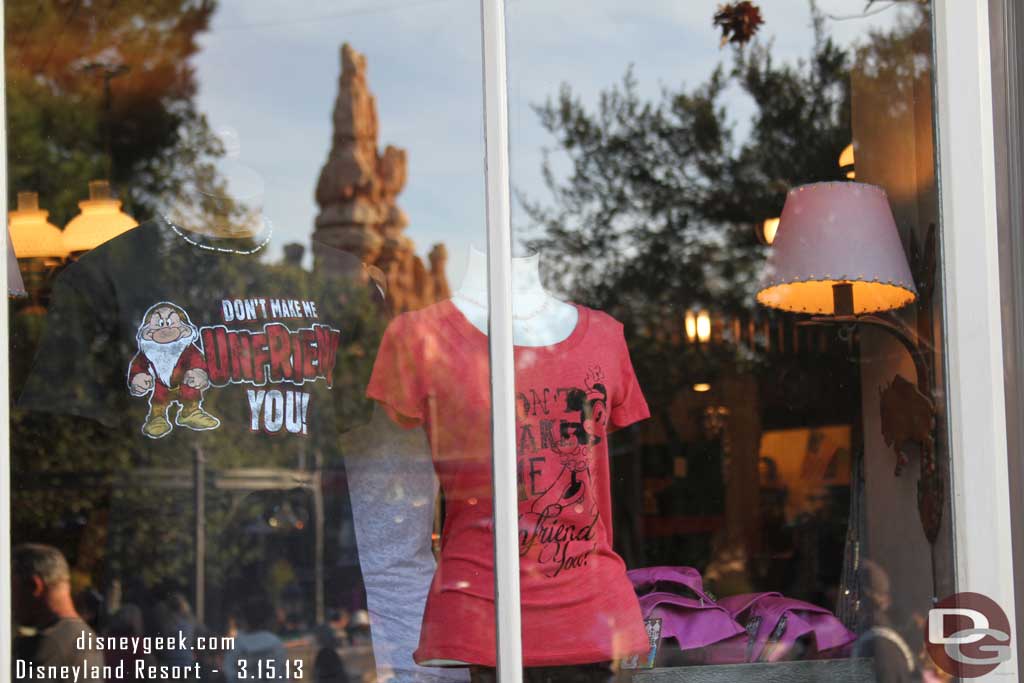 I do not understand why there are social media related shirts in the windows of Frontierland.   Maybe someday the concept of show will return to merchandising.
