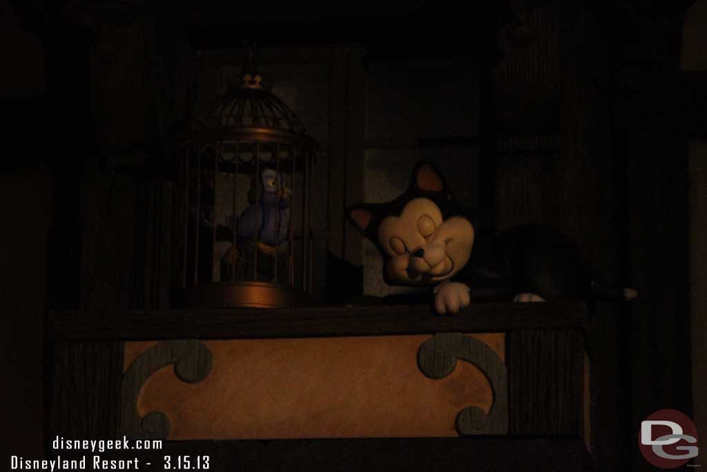 Figaro at night.  There is a soft spot light on the area.