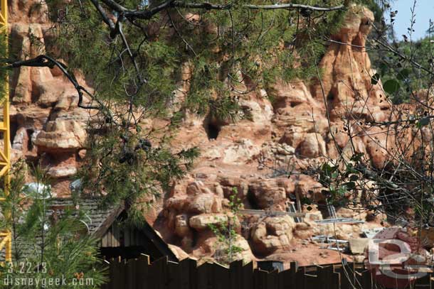 Scaffolding being prepared to go up on Big Thunder.  As the track work wraps up the painting crews will be taking over.